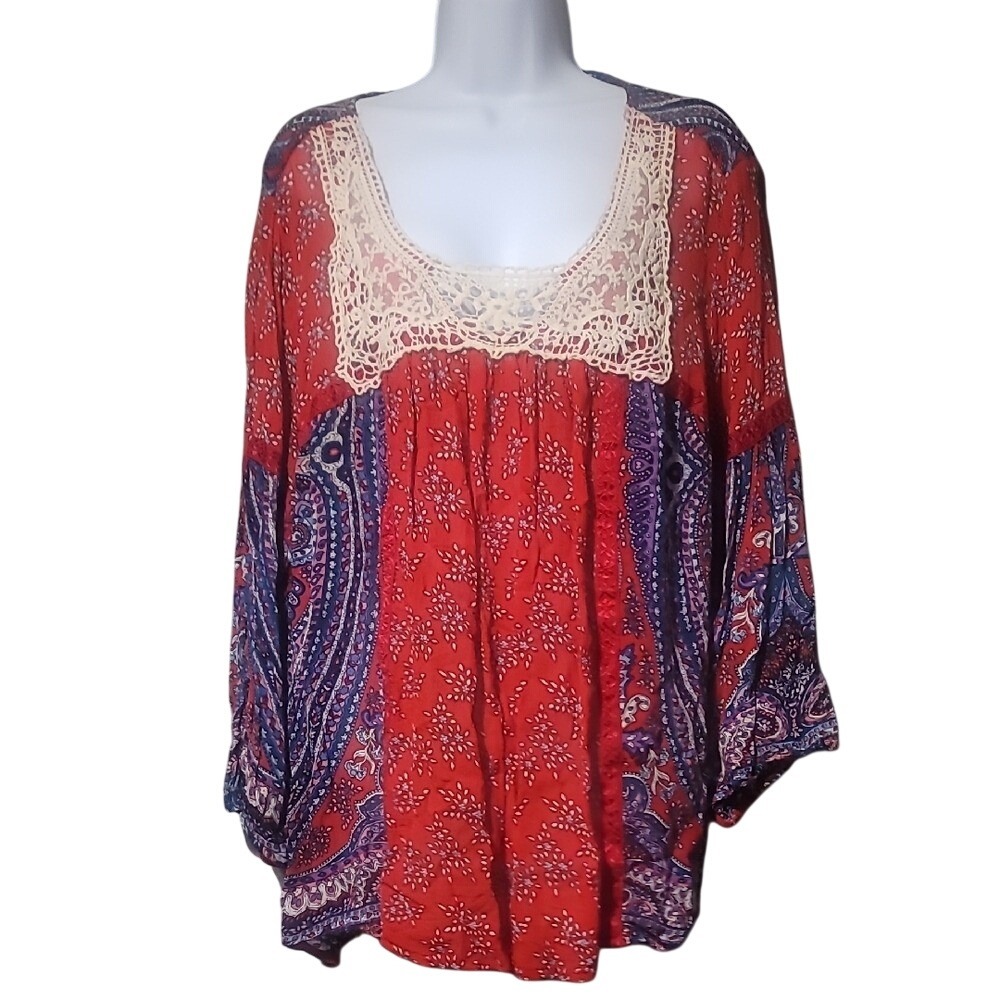Bila Womens XXL Boho Paisley Crochet Lace Neckline Bell Sleeve Rayon Blouse